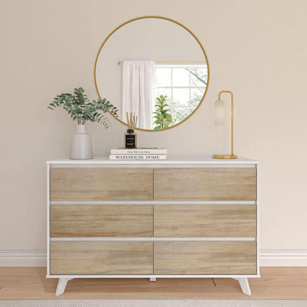 scandinavian dresser Max & Lily White/Blonde 6 drawer 52 in. Wide Chest of Drawers 2100216000-202 it includes metal drawer glides with safety stops and a tipover restraint device Forty Seven Inches Wide White