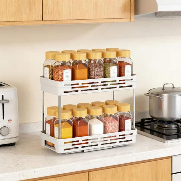 2-Pack 2-Shelf White Cabinet Pull-Out Spice Rack Organizer, Holds 10 Jars Per Tier for Kitchen Pantry, Cabinet Storage