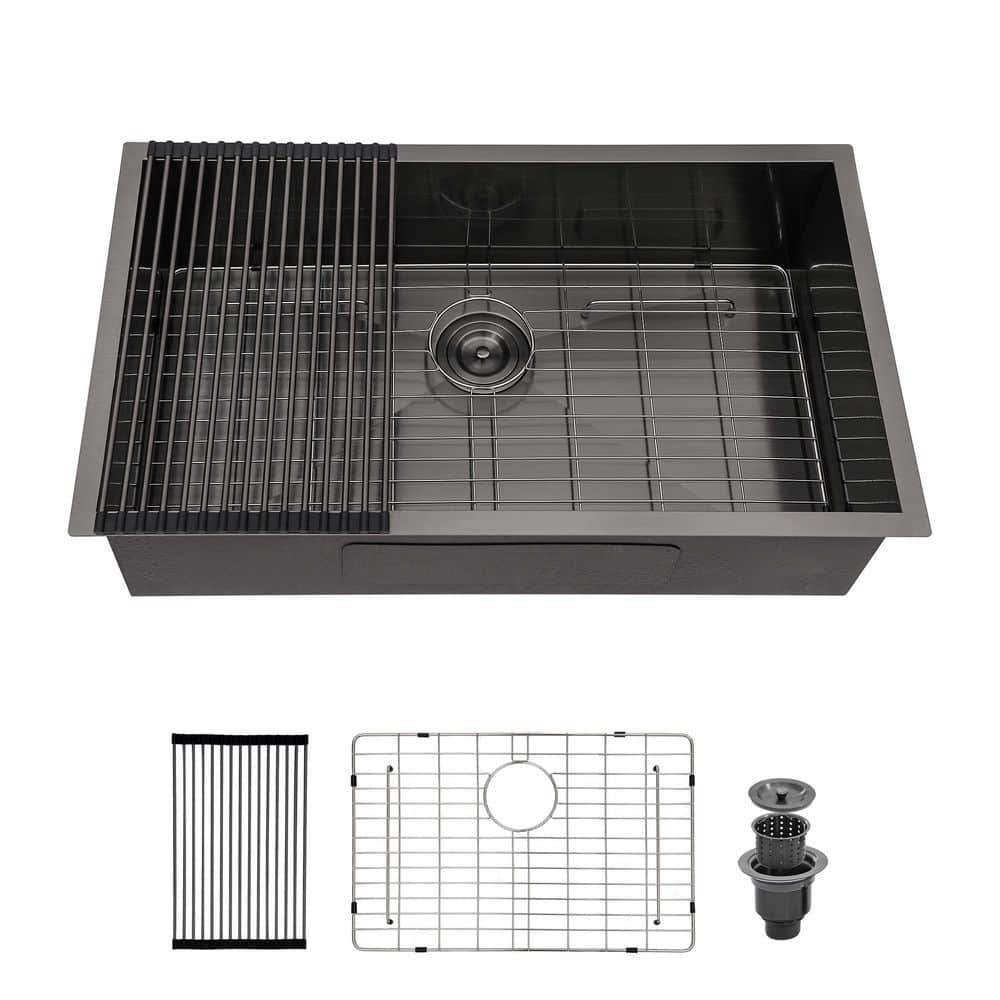 30 in. Undermount Single Bowl 18-Gauge Gunmetal Black Stainless Steel Kitchen Sink with Bottom Grids -  Qidian, LI1243102445