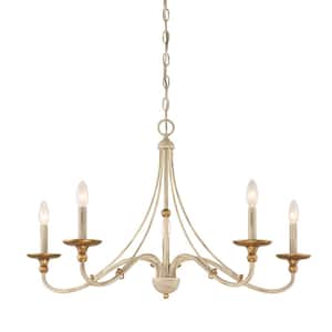 Westchester County 5-Light Farm House White with Gilded Gold Leaf Chandelier