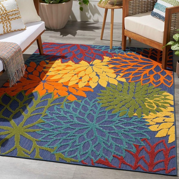 Aloha Navy Multicolor 6 ft. x 9 ft. Floral Contemporary Indoor/Outdoor Area Rug