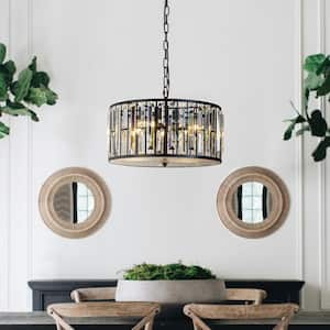 15.75 in. 4-Light Modern Farmhouse Matte Black Lantern Drum Chandeliers Pendant Ceiling lighting with Crystal Shade
