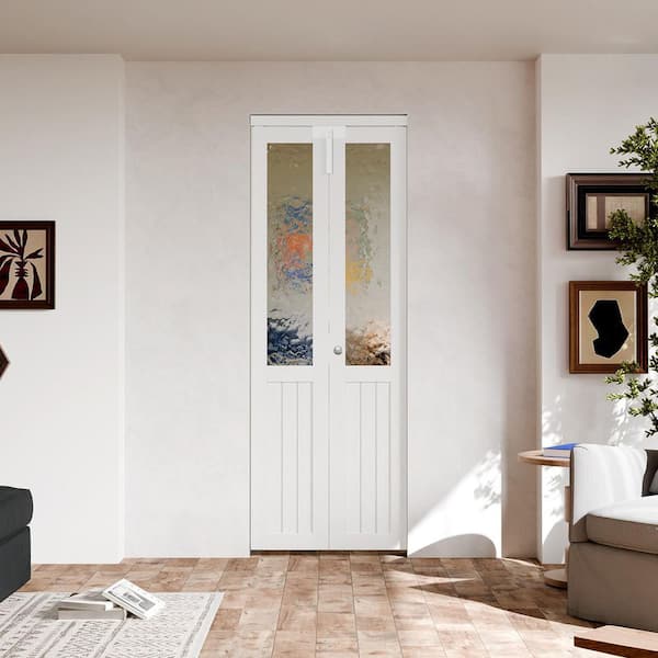 30 in. x 80 in. Half Lite Hammered Glass Solid Core White PVC Covering MDF Bi-fold Door with Locks, Handles