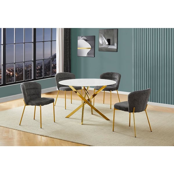 Best Quality Furniture Ruth 5-Piece White Marble Wrap Glass Top Gold Chrome Plated Base Dining Set with 4 Dark Grey Chairs