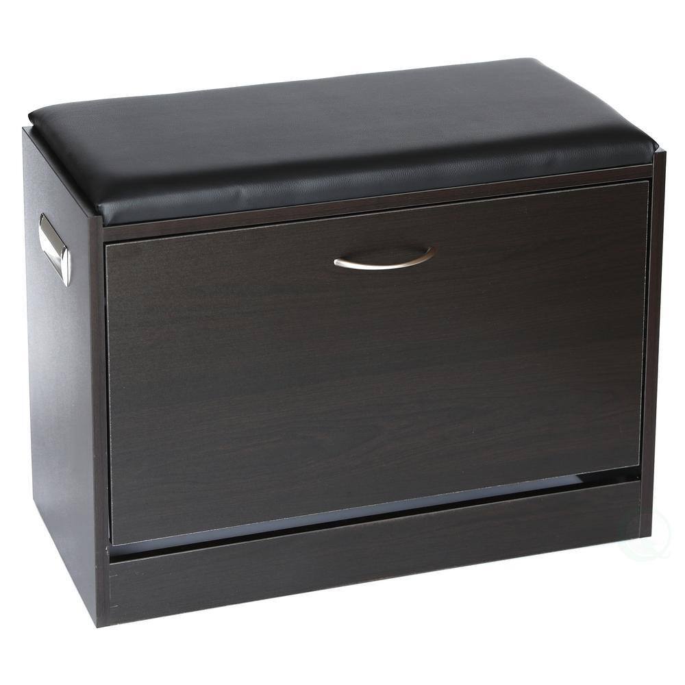 Black Wooden Fold Out Shoe Organizer Shoe Storage Bench with Leather Cushion