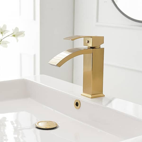Waterfall Single Hole Single Handle Bathroom Faucet in Brushed Gold