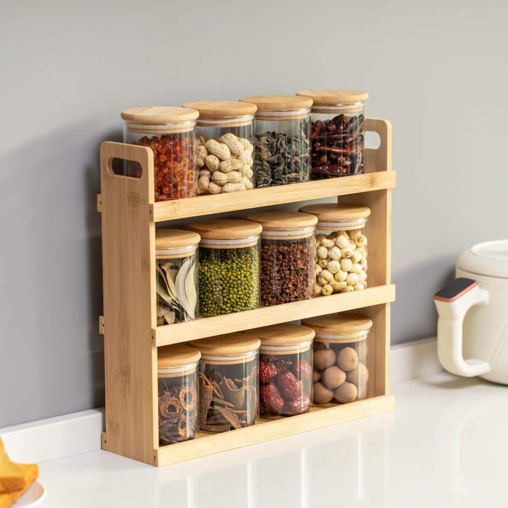 Versatile 3-Tier Bamboo Spice Rack with 12 Glass Jars