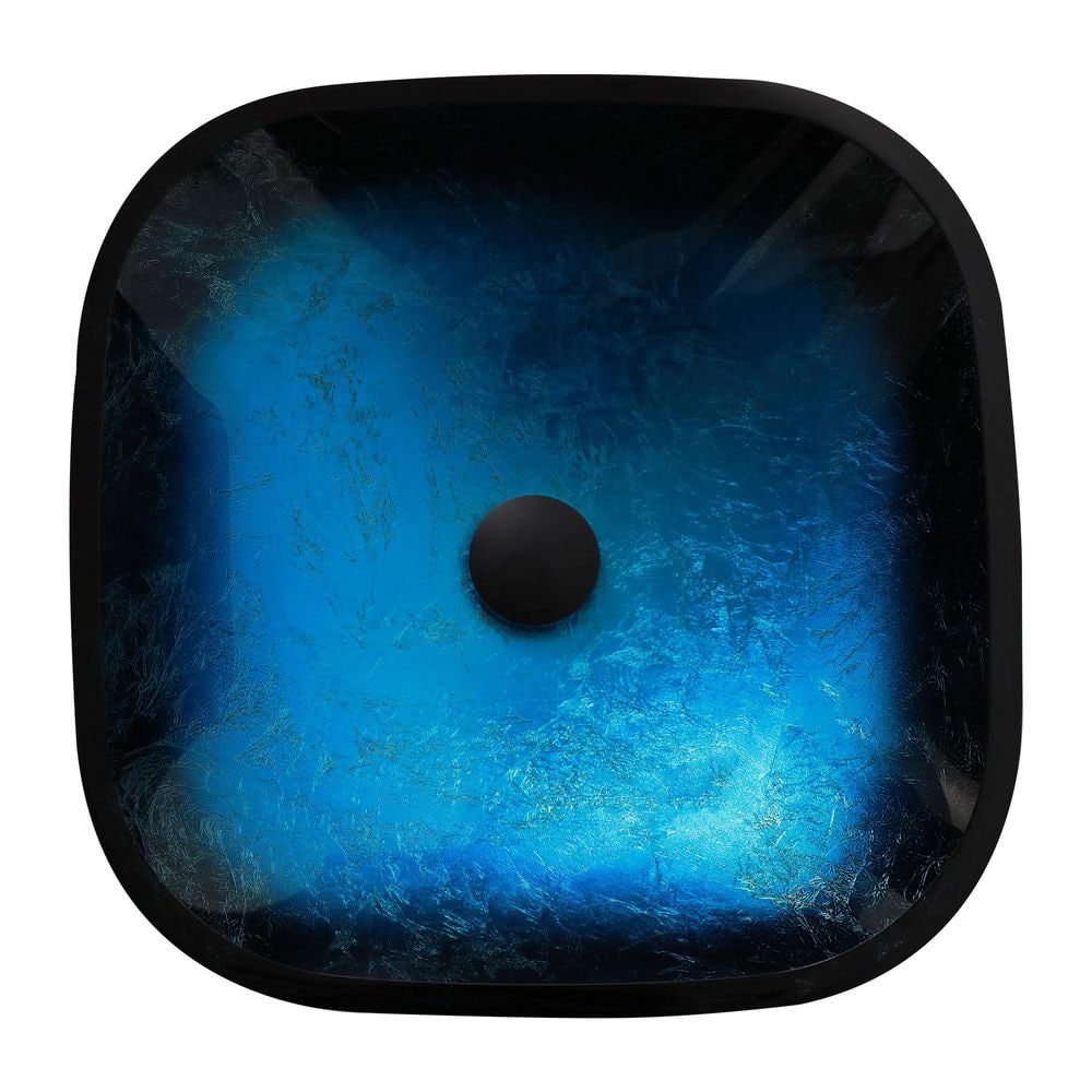 17 in. Vessel Square Bathroom Sink with Faucet and Pop-Up Drain in Blue Tempered Glass price history on PriceWatchPro