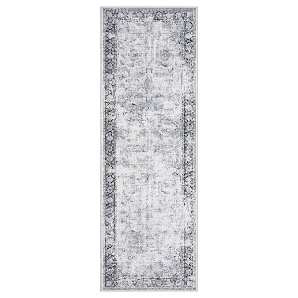 2 ft. x 6 ft. Gray Large Size Non-Slip Bohemian Style Washable Vintage Floral Carpet for Dining Room Bedroom Area Rug