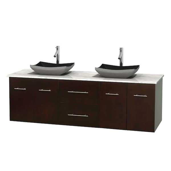 Wyndham Collection Centra 72 in. Double Vanity in Espresso with Marble Vanity Top in Carrara White and Black Granite Sinks