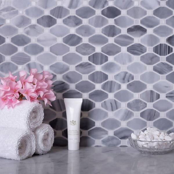 Apollo Tile Indigo Gray and White 12-in x 12-in Polished Natural Stone Marble Octagon Dot Patterned Floor and Wall Tile (5.08-sq. ft/ Carton)