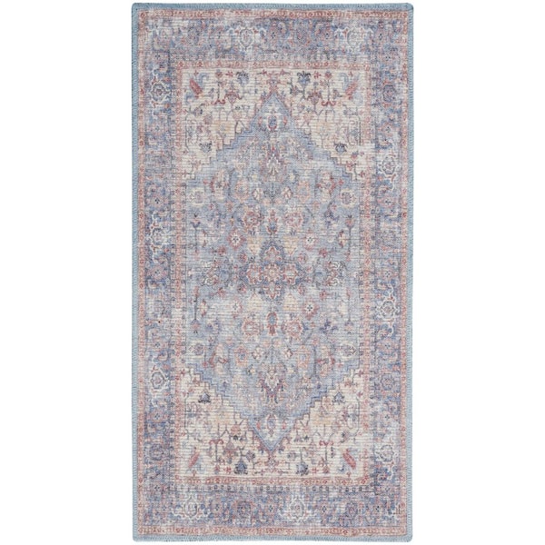 3 ft. x 5 ft. Blue Floral Washable Area Rug