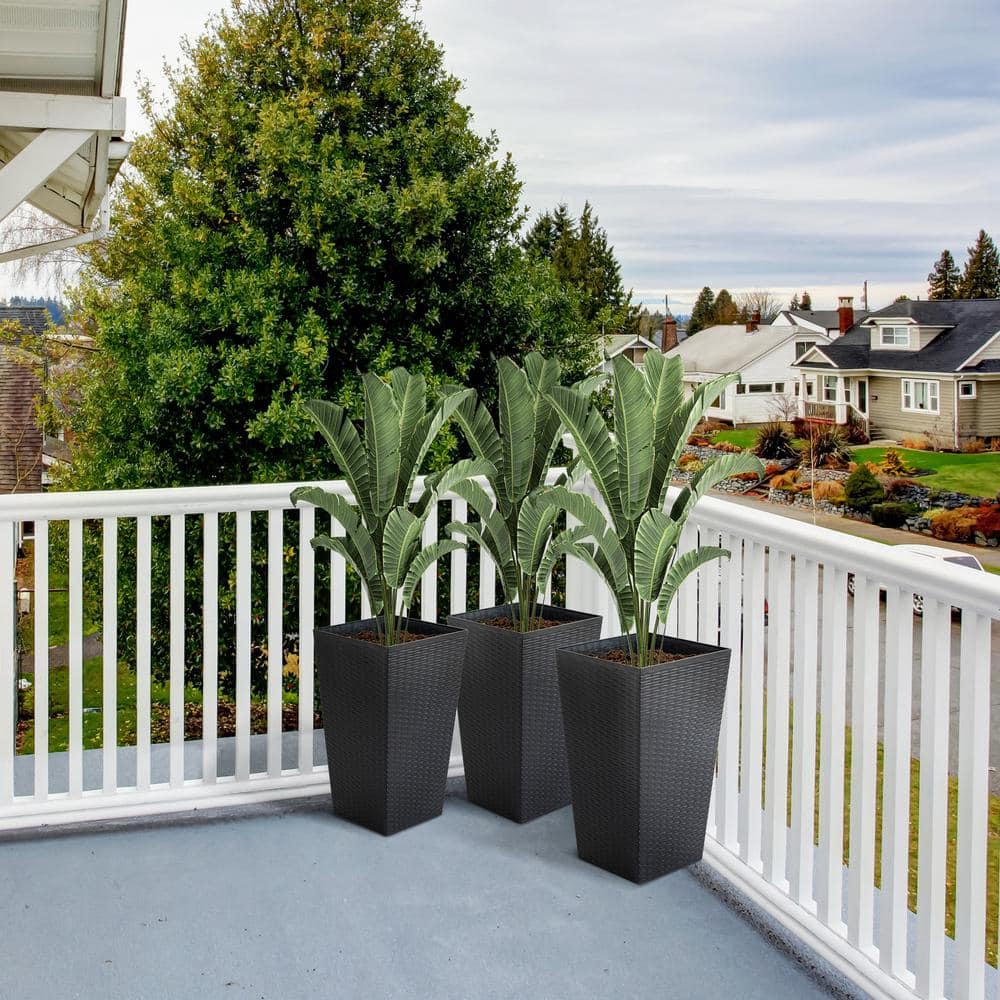 Set of 3 Black Tall Rattan-Style Plastic Planters