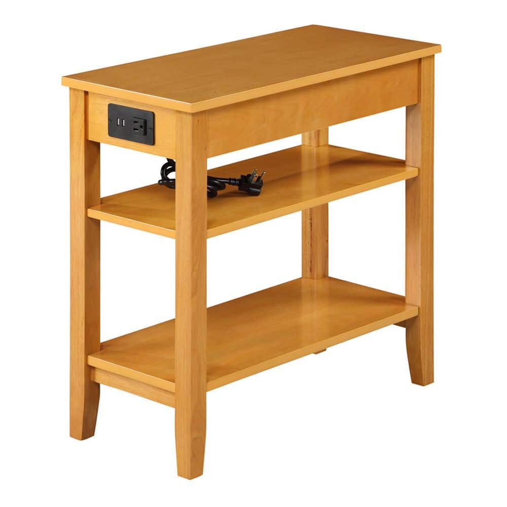 Natural Rubberwood End Table with Charging Station and Shelves