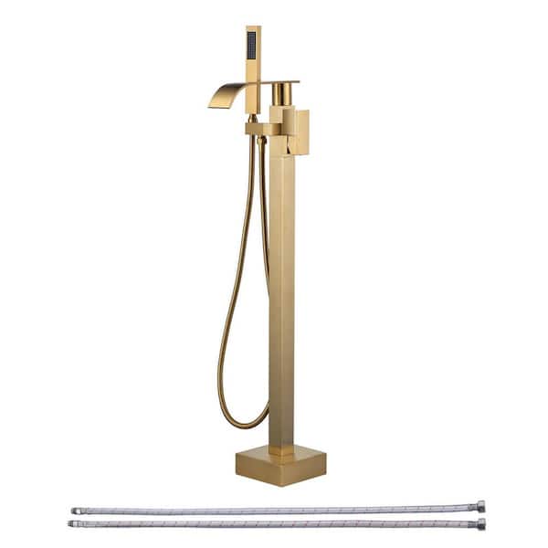 ARCORA Waterfall Single-Handle Freestanding Tub Faucet, Floor Mount Bathtub Filler with Hand Shower in Brushed Gold