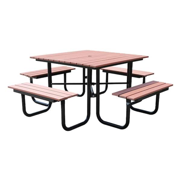 Unbranded 80 in. Natural Square HDPE Steel Picnic Table 8 People with Umbrella Hole