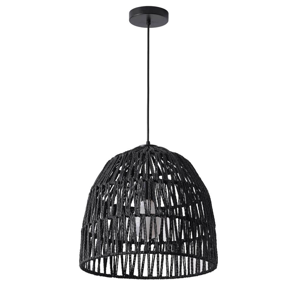 aiwen 15 in. 1-Light Black Basket Design Dome Pendant Lighting with Woven Rattan Shade