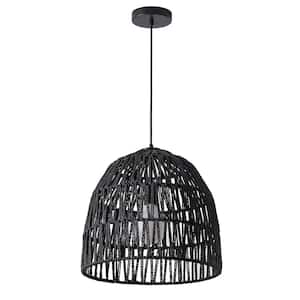 15 in. 1-Light Black Basket Design Dome Pendant Lighting with Woven Rattan Shade