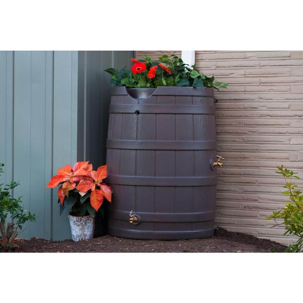 Oak 65 Gallon Rustic Faux Wood Rain Barrel with Planter
