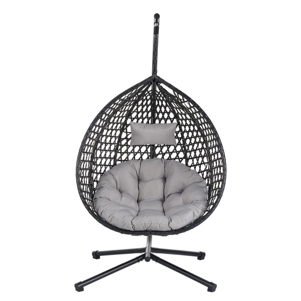 Sturdy Wicker Hammock Chair 1-Person Black Patio Swing with Removable Cushion for Garden Bedroom Balcony