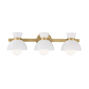 Meridian 24.50 in. 3-Light Natural Brass Vanity Light with White Metal Shades