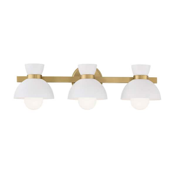 Savoy House Meridian 24.50 in. 3-Light Natural Brass Vanity Light with White Metal Shades