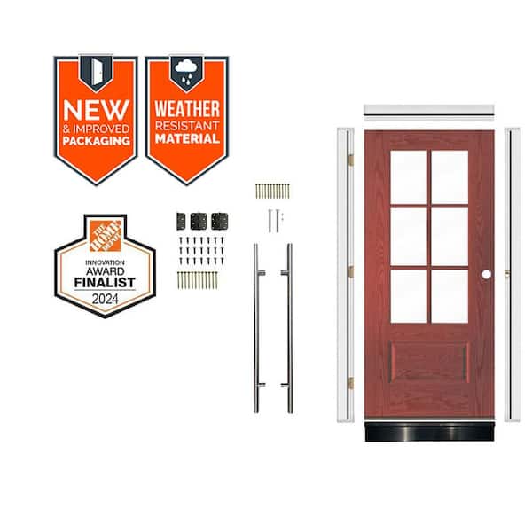 DIY Faux Pivot 36 x 79 in. 6-Lite Left-Hand Clear Glass Redwood Stain Fiberglass Front Door Kit w/ Quick Assemble Jamb