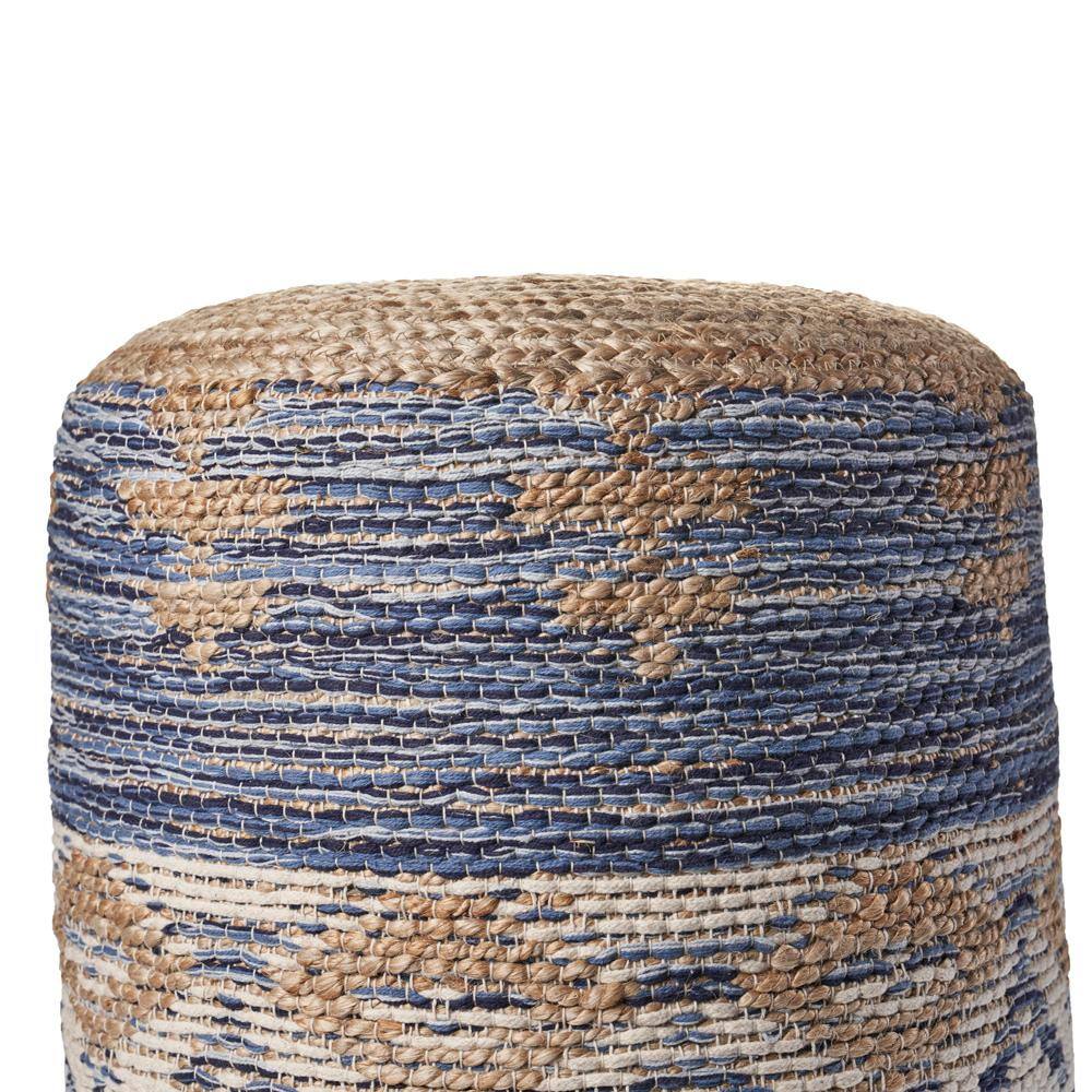 Natural Navy Jute Round Pouf with Geometric Pattern