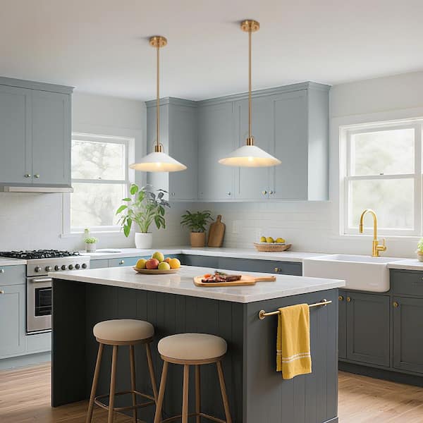 Modern Coastal Pendant Light 1-Light Matte White Island Hanging Ceiling Light with Geometric Bell Shade and Brass Accent