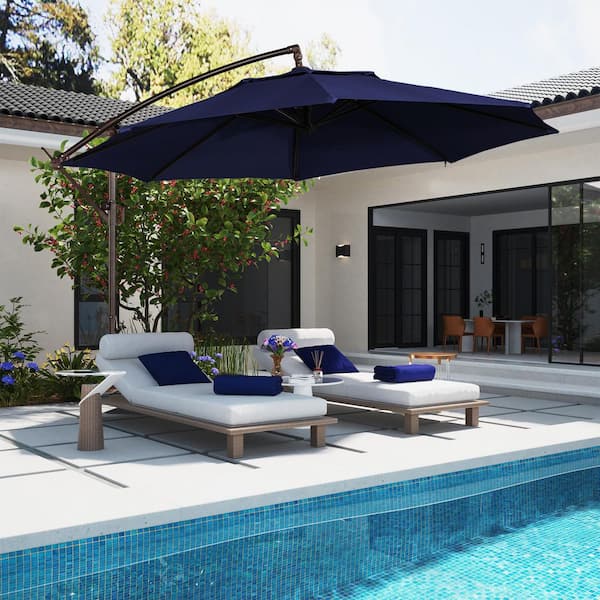 11 ft. Steel Pole Offset Hanging Patio Umbrella with in 360° Rotation and Easy Crank in Navy Blue