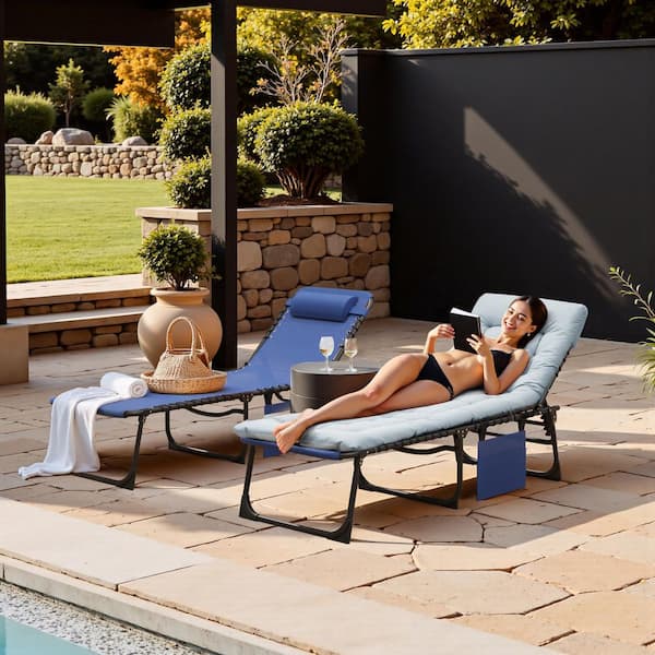 Tozey 2-Pieces Metal Folding Outdoor Chaise Lounge with Gray Cushion, 5-Position Reclining Portable Patio Chair, Blue