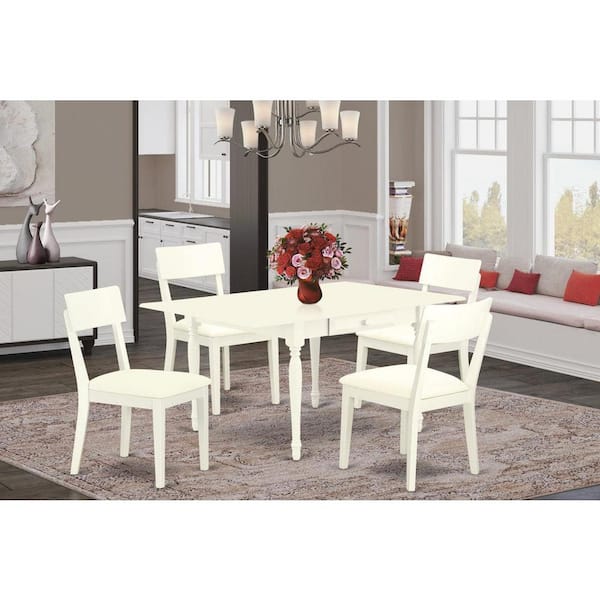 East West Furniture 5-Piece Linen White Finish Solid Wood Top-Dining Room Set with Dropleaf-Seats 4
