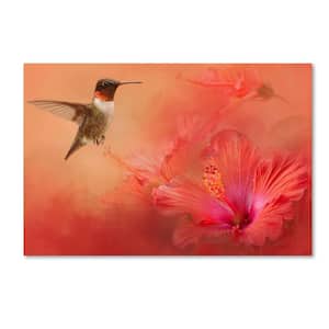 Hummingbird and Peach Hibiscus by Jai Johnson Floater Frame Animal Wall Art 22 in. x 32 in.