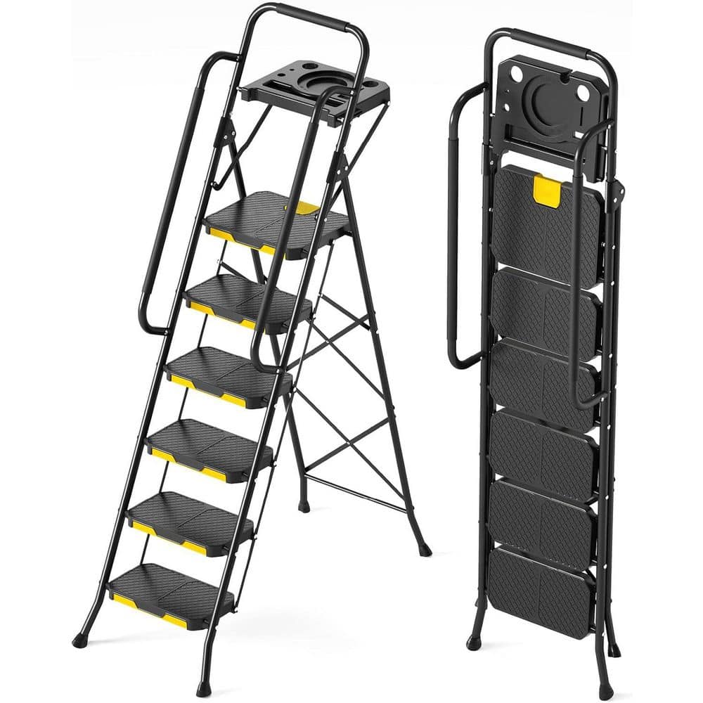 6 Step Ladder with Tool Platform, with Handrails, Sturdy Steel Ladder with 