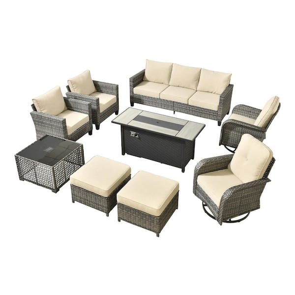 Scarlet 10-Piece Wicker Outdoor Fire Pit Patio Conversation Sofa Set with Swivel Chairs, a LED Table and Beige Cushions