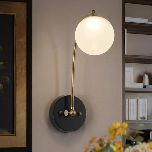 Modern Farmhouse 1-Light Brass gold Integrated LED Swing Arm Wall Sconce, Black Wall Lamp with Globe Frosted Glass Shade