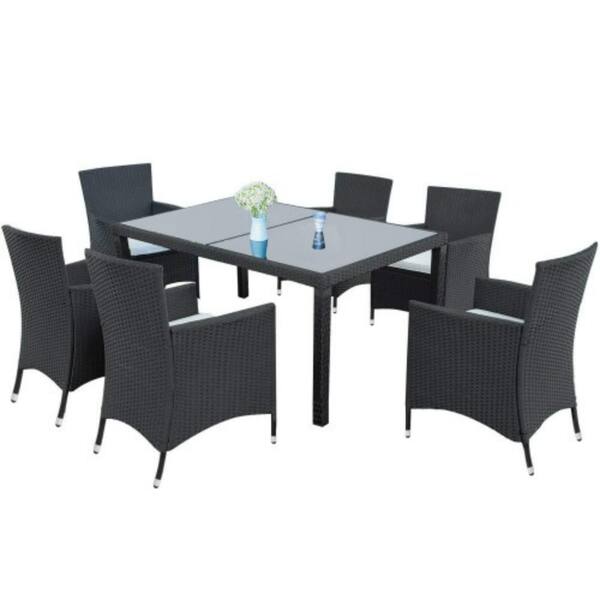 Boyel Living Black 7-Piece Wicker Outdoor Patio Furniture Dining Set with Beige Cushion