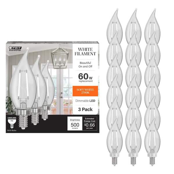 60-Watt Equivalent BA10 E12 Candelabra Dim White Filament Clear Glass Chandelier LED Light Bulb Soft White 2700K 18-Pack