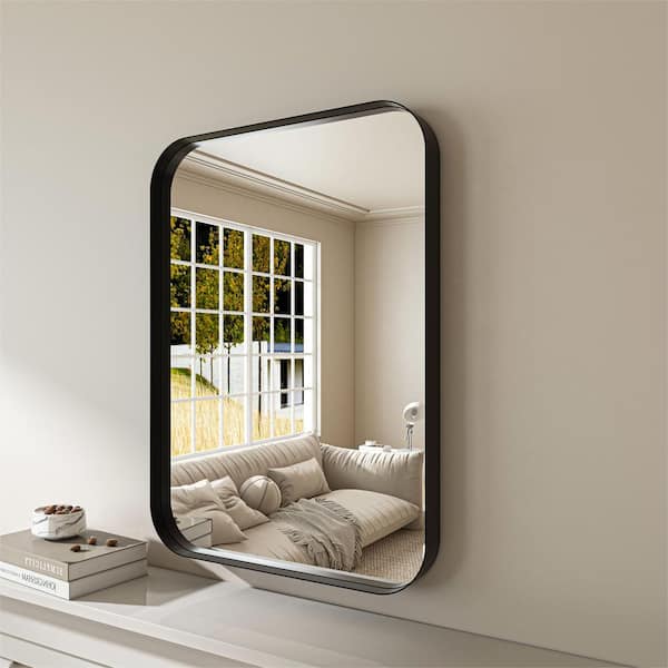 ORGANNICE 20 in. W x 28 in. H Rectangular Aluminum Framed Modern Black Rounded Wall Mirror
