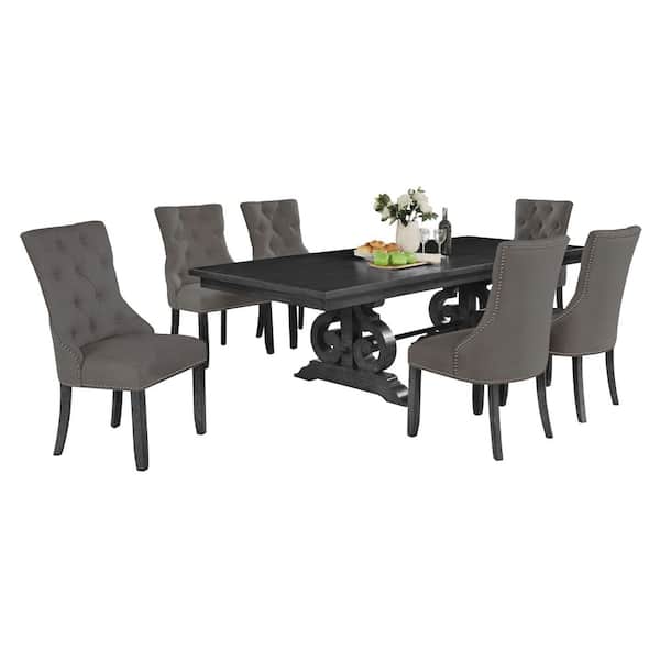 Best Quality Furniture Jade 7-Piece Rectangle Gray Dining Set with Gray Linen Fabric.
