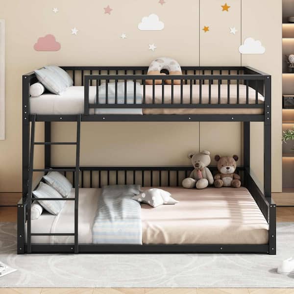 Black Full XL Over Queen Bunk Bed with Ladder and Safety Guardrails