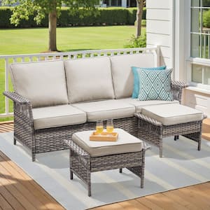 Nyajiah 3-Piece Wicker Outdoor Sofa Couch Set Patio Lounge Chair with Beige Cushions, Ottomans