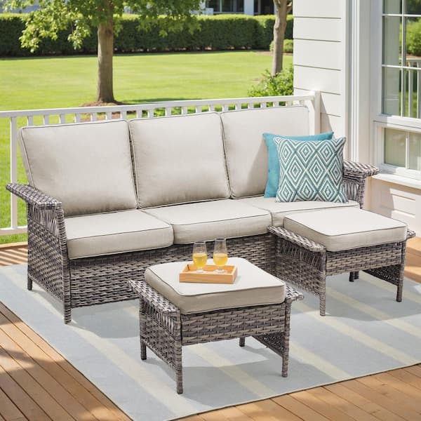 Buenaola Nyajiah 3-Piece Wicker Outdoor Sofa Couch Set Patio Lounge Chair with Beige Cushions, Ottomans