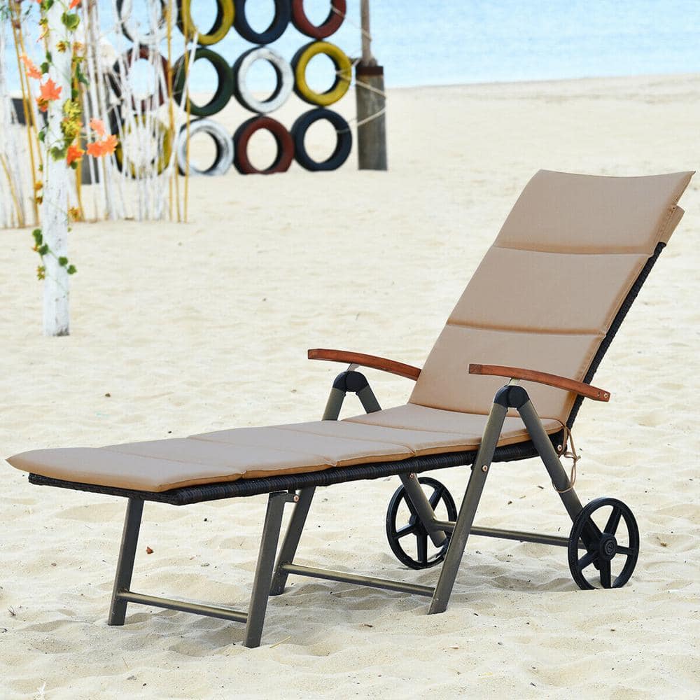 Beige Cushioned Folding Rattan Chaise Lounge with Aluminum Frame