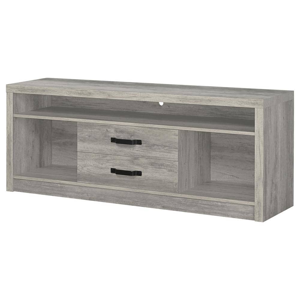 Modern Driftwood Gray TV Console with 2 Drawers and Open Shelving