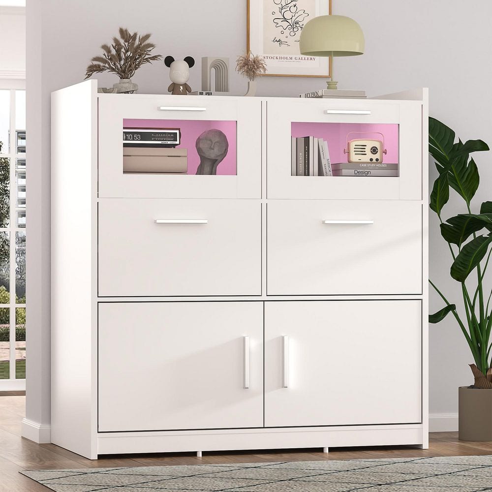 White Dresser for Bedroom with LED Lights and Charging Station, 31.5 in. Dresser with Storage Cabinet