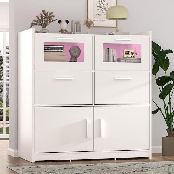 White Dresser for Bedroom with LED Lights and Charging Station, 31.5 in. Dresser with Storage Cabinet