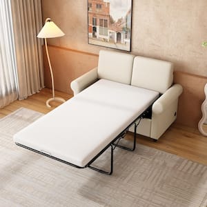 58 in. Beige White Velvet Twin Size 2-Seat Pull Out Sleeper Sofa Bed