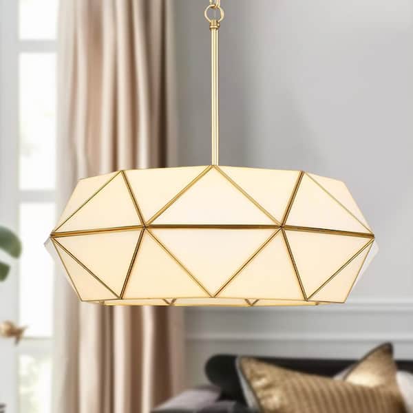 Modern 5-Light Gold and Copper Geometric Chandelier with White Stained Glass Shade for Kitchen Island, No Bulbs Included