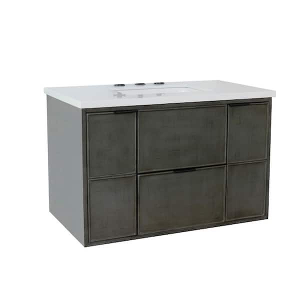 Bellaterra Home Scandi II 37 in. W x 22 in. D Wall Mount Bath Vanity in Gray with White Engineered Stone Top with White Rectangle Basin